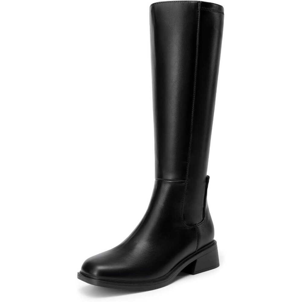 Women's Black Block Heel Casual Long Boots Knee High Side Zipper Faux Leather - Picture 1 of 6